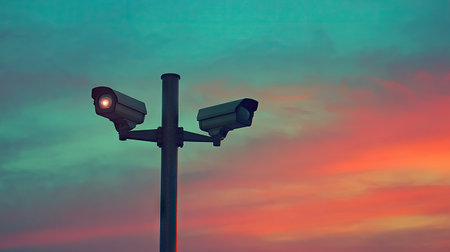 A pair of surveillance cameras mounted on a pole, with a vast sky in the background for text placement.の素材