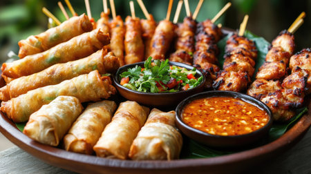 A platter of Thai appetizers, including crispy spring rolls, chicken satay, and spicy dipping sauce, arranged beautifully.の素材