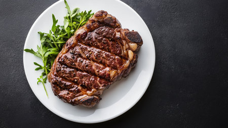 A perfectly cooked steak on a white plate, viewed from above, with garnish and plenty of open space for copy.の素材