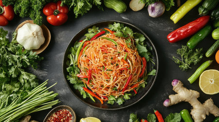 A plate of papaya salad surrounded by fresh Thai herbs and vegetables, arranged in an eye-catching circular pattern with ample space for text.の素材