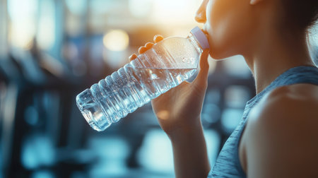 A person drinking from a water bottle with a blurred gym or exercise background, providing space for text.の素材