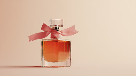 A perfume bottle with a ribbon around its neck, against a plain background offering plenty of room for textの素材