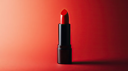 A lipstick with a bold shade and a subtle light effect, set against a plain background offering ample room for text.の素材