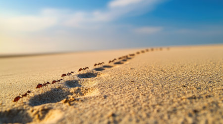 A line of ants marching across a sandy surface with a large area of empty sky above for text.の素材