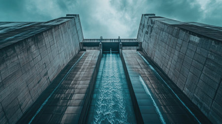 A modern hydroelectric dam, viewed from below, with ample sky space above the structure for copy. Water trickles down the surface.の素材