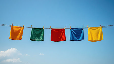 A row of colorful clothes drying on a clothesline, with plenty of open sky above for text placement. -の素材