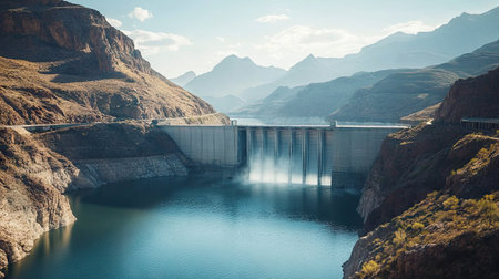 A majestic dam cutting through a mountain range, offering clear, open sky space above for text overlay. The water sparkles in the sunlight. -の素材