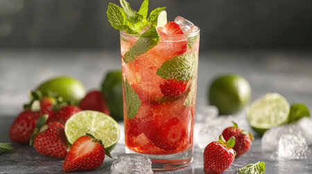 A refreshing Tom strawberry mocktail with fresh strawberries, lime, and mint, placed on a table with ice cubes and extra lime wedges.の素材