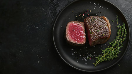 A rare steak cut in half, showing the pink interior, placed on a dark plate with herbs and copy space around the edges.の素材