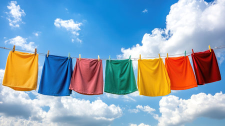 A row of colorful clothes drying on a clothesline, with plenty of open sky above for text placement. -の素材