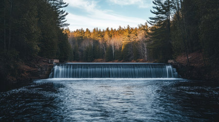 A rural dam framed by a forest, with water flowing below and wide open sky above, perfect for copy placement.の素材