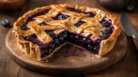 A rustic pie with a golden-brown crust and a slice removed, revealing rich blueberry filling, placed on a wooden cutting board.の素材