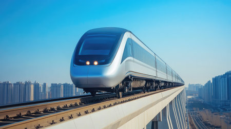 A sleek high-speed train on an elevated track with a clear sky background, providing ample copy space.の素材