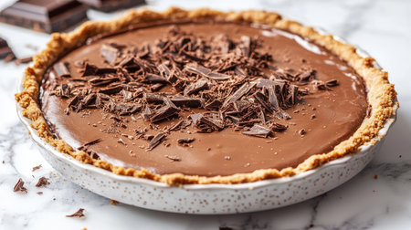 A scrumptious chocolate pie with a smooth ganache filling and a crumbly crust, garnished with chocolate shavings on a marble countertopの素材