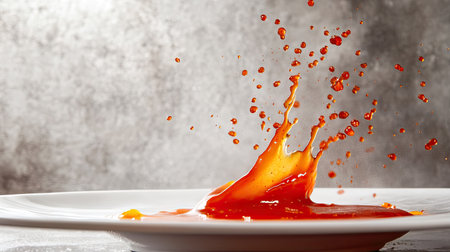 A splash of hot sauce on a plate with a large empty space in the background for text.の素材
