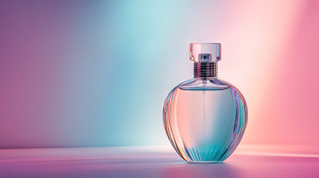 A stylish perfume bottle with a modern design, placed on a clean background with ample copy space.の素材