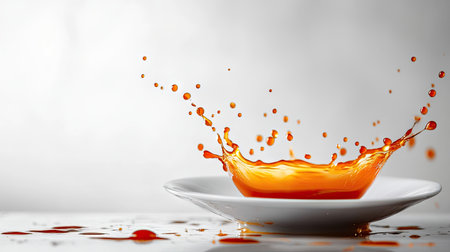 A splash of hot sauce on a plate with a large empty space in the background for text.の素材