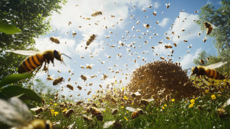 A swarm of bees around a hive with a large, empty space in the sky for text or design elements.の素材