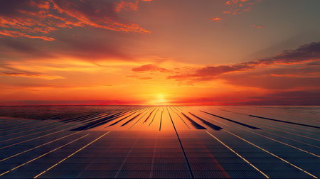 A solar farm at sunset, with soft lighting and a wide horizon for clear text space.の素材