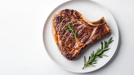 A top view of a juicy T-bone steak, garnished with fresh rosemary, on a white plate, leaving ample space for copy.の素材
