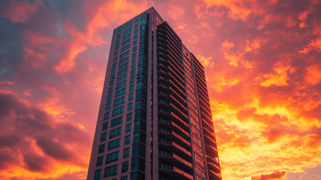 A tall building with a dramatic sunset in the background, offering plenty of room for text or branding.の素材