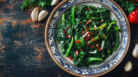 A top-down view of a plate of saut bitter greens, garnished with chili flakes and garlic, arranged on a dark wooden tableの素材