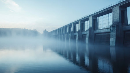 A towering dam surrounded by mist with open sky above and still waters in the foreground, perfect for text placement.の素材