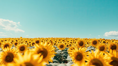 Side view of a sunflower field stretching into the distance, with a clear blue sky offering ample space for text or product information.の素材