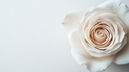 Top view of a white rose with a clean, neutral background, creating a large open area on one side for copy or product details.の素材