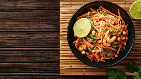 A top view of a beautifully arranged papaya salad with peanuts, dried shrimp, and a lime wedge, set on a bamboo mat with space for text on the sides.の素材
