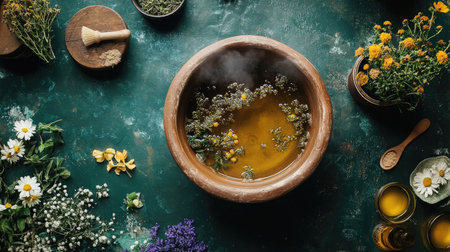 Top view of a traditional clay bath pot with steaming water, surrounded by natural herbs and essential oils for a herbal bath.の素材