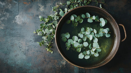 Top view of a vintage metal bath pot with water and floating eucalyptus leaves, creating a rustic, nature-inspired vibe.の素材