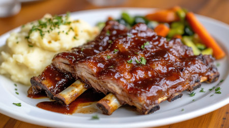A scrumptious plate of roasted pork ribs with a smoky barbecue sauce, served with a side of garlic mashed potatoes and saut vegetables.の素材