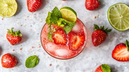 Top view of a Tom strawberry drink in a clear glass, surrounded by fresh strawberries, lime slices, and mint on a light surface.の素材