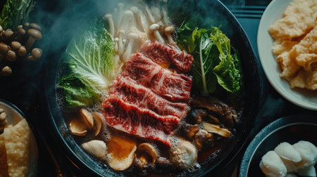 Top-down view of a Shabu-Shabu meal featuring an array of ingredients like mushrooms, beef, and leafy greens, with a bubbling hot pot.の素材