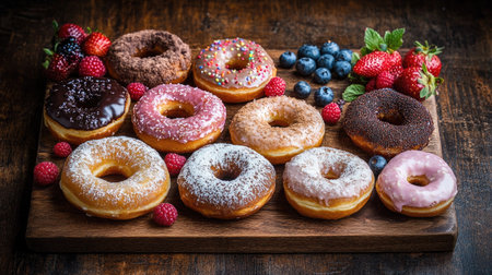 A beautifully arranged donut platter featuring classic and filled donuts, set on a rustic wooden board with a few fresh berries.の素材
