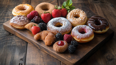 A beautifully arranged donut platter featuring classic and filled donuts, set on a rustic wooden board with a few fresh berries.の素材