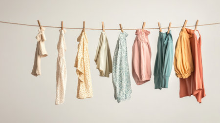 A clothesline with various garments against a clean, neutral background, offering space for text placement.の素材