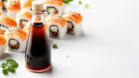 A bottle of soy sauce next to a sushi roll with an empty background above for text placement.の素材