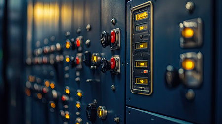 A control switch with labeled indicators on a panel, with a clean background providing ample room for text.の素材