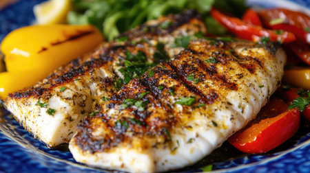 A colorful arrangement of grilled fish with a garlic and herb crust, served with a side of roasted bell peppers and a fresh salad.の素材