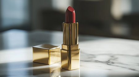 A luxury lipstick with a gold case placed on a marble surface, with plenty of room in the background for branding.の素材