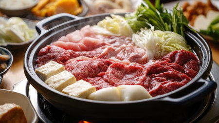 A colorful Shabu-Shabu setup with various fresh ingredients like beef slices, cabbage, and tofu, arranged around a bubbling hot pot.の素材