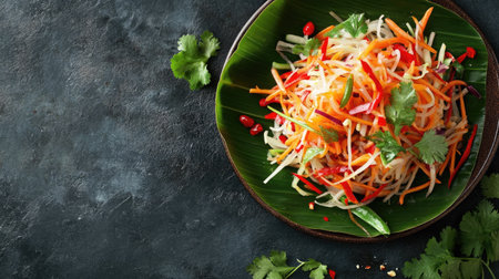 A colorful Thai papaya salad with fresh herbs, served on a banana leaf, viewed from above with space for copy.の素材