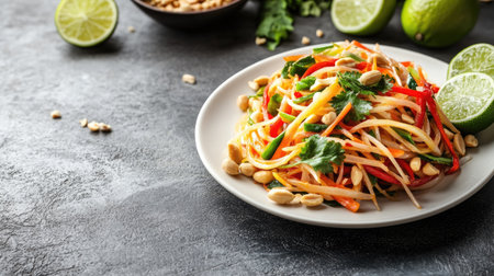 A colorful Som Tam papaya salad placed on a white plate with fresh lime and peanuts on the side, with ample negative space in the background for text.の素材