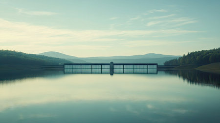 A dam structure in the distance with a serene lake stretching in front. Open sky and calm water surface offer great copy space.の素材