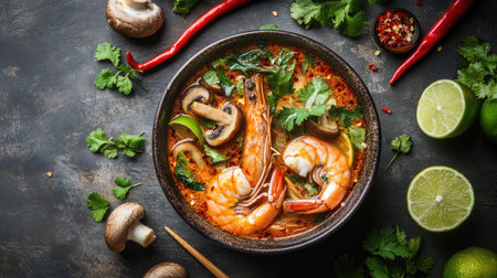 A bowl of Tom Yum Goong with large shrimp, mushrooms, and herbs, surrounded by Thai ingredients like lime, chili, and lemongrass on a rustic surface.の素材