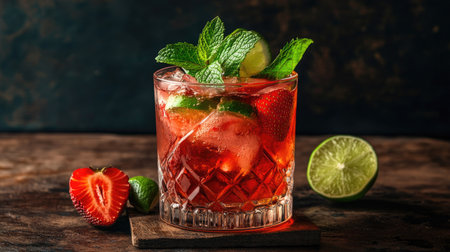 A delicious Tom strawberry cocktail in a clear glass, garnished with mint leaves, fresh strawberries, and lime, placed on a dark wooden table.の素材