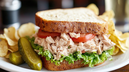 A classic tuna salad sandwich with lettuce and tomato, served with a side of pickle spears and a few potato chips on a white plate.の素材