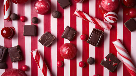 A delightful arrangement of candy canes, gumdrops, and chocolate pieces, displayed on a red and white striped background.の素材